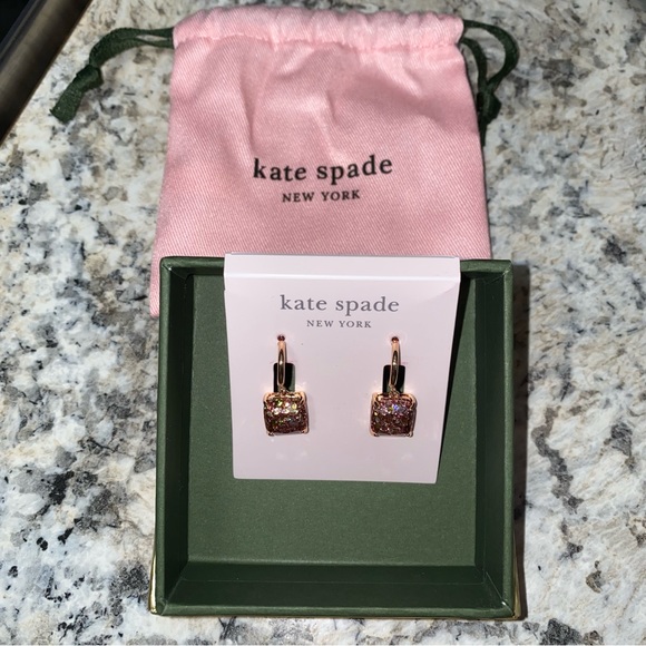 ♠️ Kate Spade New York Mini Small Square Huggies Earrings - Rose Gold Glitter - Picture 3 of 4